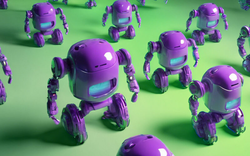 Purple AI bots with green background